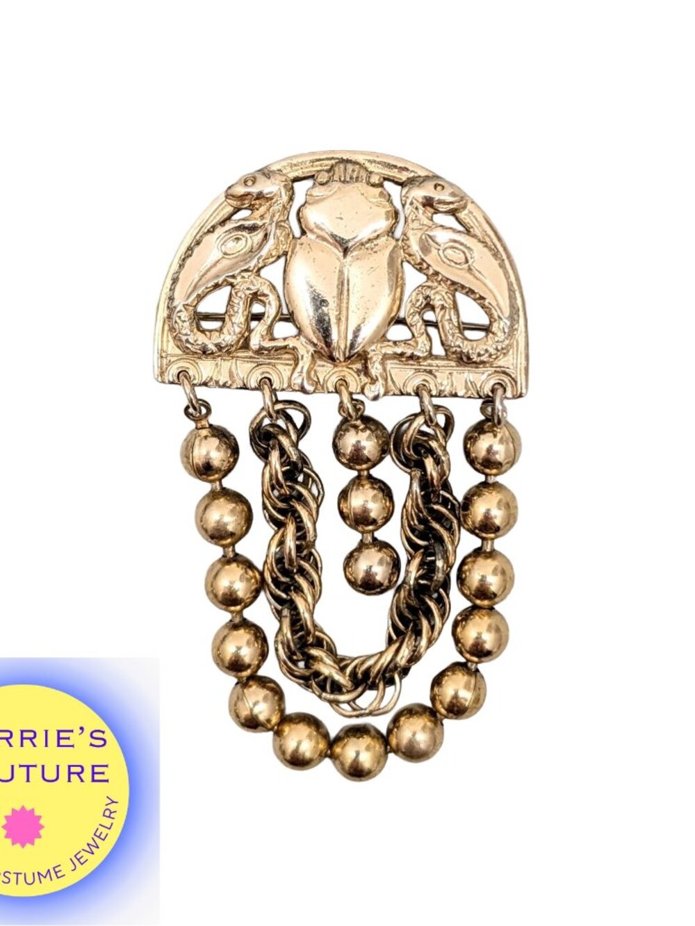 Vintage 1970s Signed Napier Egyptian Revival Scarab & Serpents Fringe Brooch